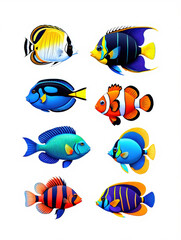 Naklejka premium Vibrant Collection of Tropical Fish Species Showcasing the Beauty and Diversity of Marine Life in an Aquarium or Coral Reef Environment with Detailed Illustrations