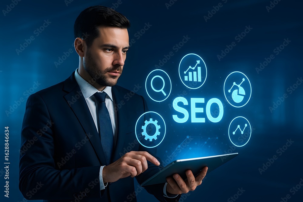 Aufkleber an expert focused on search engine optimization using digital tablet.