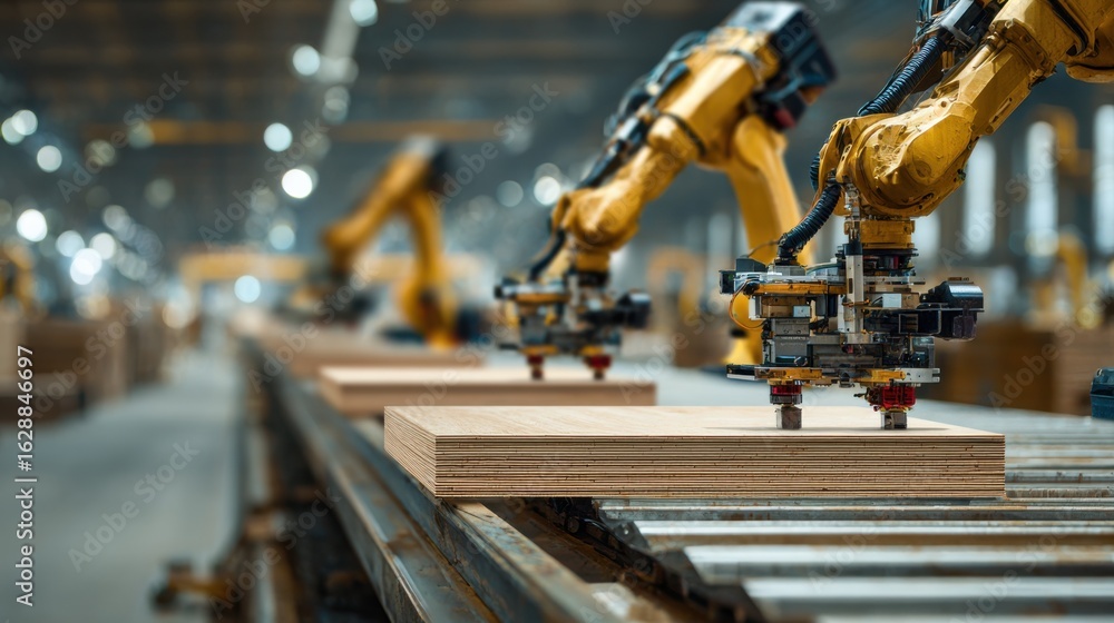 Poster medium shot highlighting robotic arms assembling layered timber panels with clean focus on the panel