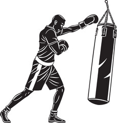 Boxer delivering a strong punch to a heavy bag. Ideal vector for gym posters, boxing tutorials, and strength training visuals.