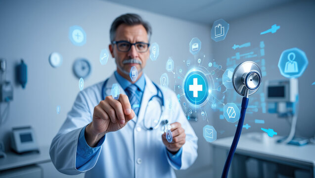 Modern Healthcare Innovation A Doctor Surrounded by Holographic Medical Icons Representing Advanced Technology and Digital Solutions in the Medical Field