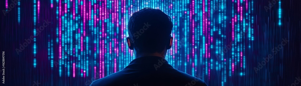 Poster cyberpunk gaze man and binary code, technology, metaverse