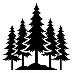 Pack of 10 asymmetric pine tree silhouettes isolated on white background