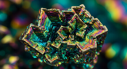 Obraz premium Bismuth crystal iridescent rainbow mineral gem stone colorful metallic structure close up macro detailed view