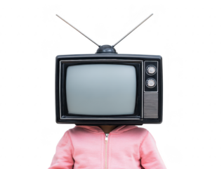 Creative concept of person with vintage television for head, wearing pink hoodie. This surreal image evokes curiosity and imagination, blending technology with human form