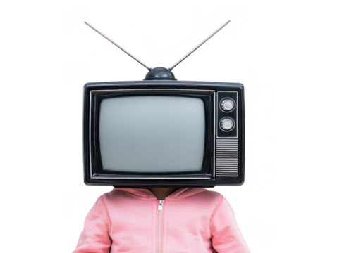 Creative concept of person with vintage television for head, wearing pink hoodie. This surreal image evokes curiosity and imagination, blending technology with human form