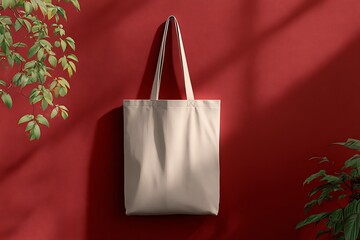 cream tote bag mockup on red wall with plant sunlight  
