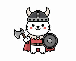 Naklejka premium Viking Cat: A valiant feline, armed with an axe and shield, embodies the spirit of a Viking warrior, captured in a delightful cartoon illustration.