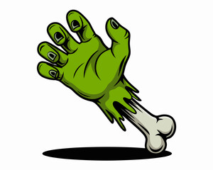 Naklejka premium Zombie Hand Illustration: An eerie green zombie hand reaches out, its bony wrist stark against the background, capturing the essence of Halloween.