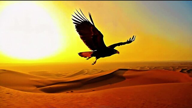 Eagle flying into desert sunset. Majestic bird soaring above golden dunes. Nature, wildlife, freedom, sky, outdoor, beautiful, scenic, dramatic, wild, animal, powerful. Vulture, hawk preying in desert