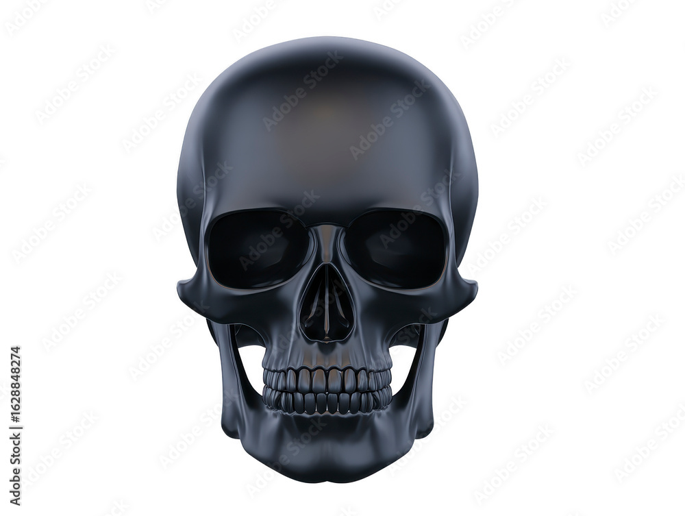 Poster realistic black skull model with intricate details, showcasing smooth surface and defined features. 