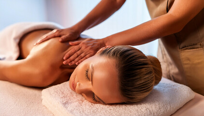 Fototapeta premium Young woman enjoying a relaxing back massage at a spa, lying on a white towel with eyes closed. Ideal for wellness, self-care, relaxation, beauty, and therapeutic treatment concepts.