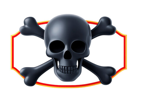 Stylized skull and crossbones design featuring black skull with empty eye sockets and wide grin, set against decorative red and gold border. This evokes themes of danger and caution