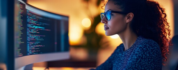Focused Young Coder with Glasses Working on Code on Monitor, Technology, Software