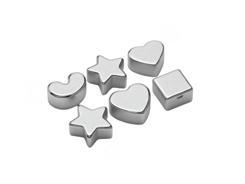 Shiny metal shapes including stars, hearts, and squares arranged on transparency background, creating playful and modern aesthetic. These geometric forms can be used for various creative projects - Powered by Adobe