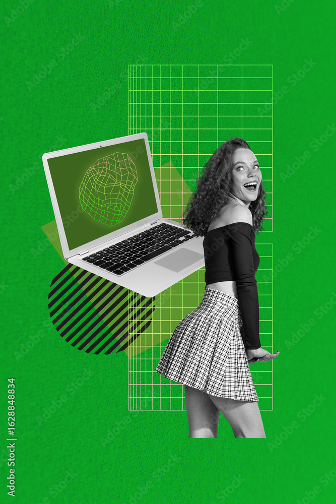 Poster poster sketch image vertical collage of happy girl guy stand laptop device artificial intelligence a