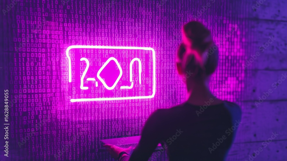 Poster hacker girl in binary code world with bright neon logo, cybersecurity , tech
