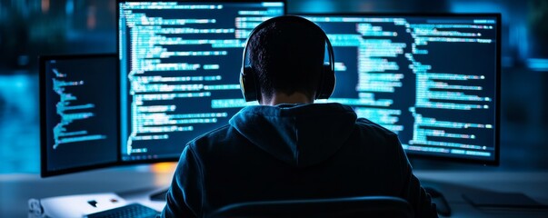 Hacker at Work Multiple Monitors Displaying Code, cybersecurity , programming