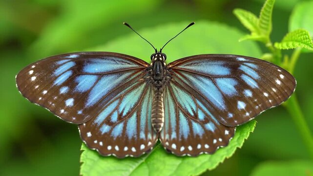 Blue Glassy Tiger Butterfly Resting on Green Leaf, Wings Open, Close-Up