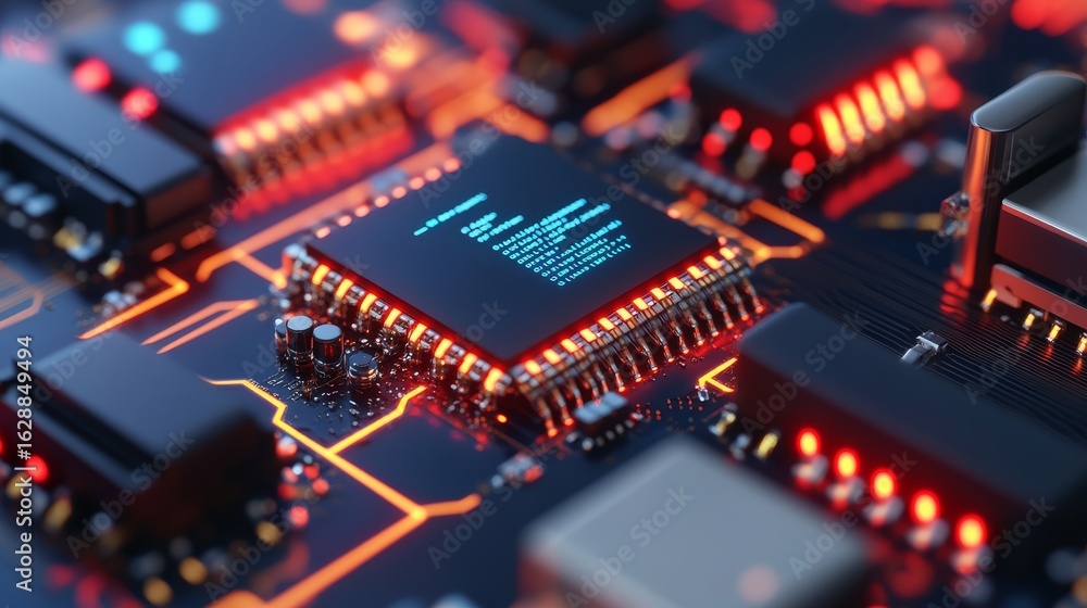 Poster illuminated chip on circuit board with code, technology , microchip