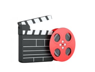 Film clapperboard and red film reel symbolize essence of cinema and filmmaking. This captures excitement and creativity associated with movie production, making it perfect for various media