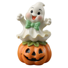 Cheerful Resin Figurine of a Smiling Ghost on a Jack-o-Lantern
