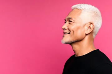 Fototapeta premium Classy men's textured crop haircut - midlife southeast asian man with short hair. Pink solid background. Creative of style for aging men. A confident and modern man embracing his look.