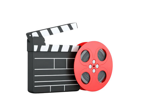 Film clapperboard and red film reel symbolize essence of cinema and filmmaking. This captures excitement and creativity associated with movie production, making it perfect for various media