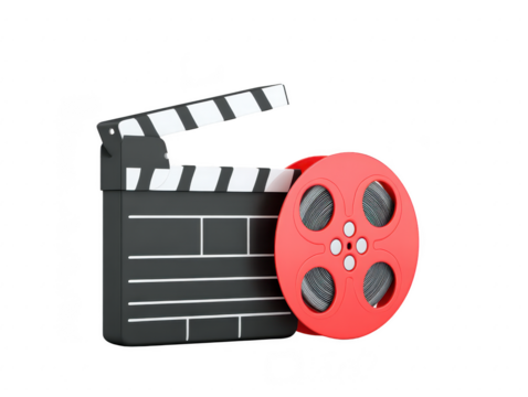 Film clapperboard and red film reel symbolize essence of cinema and filmmaking. This captures excitement and creativity associated with movie production, making it perfect for various media