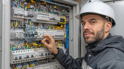 Professional electrician in a hard hat performing maintenance or installation work on an electrical fuse box. The man is focused on connecting a wire, ensuring safe and reliable electrical systems