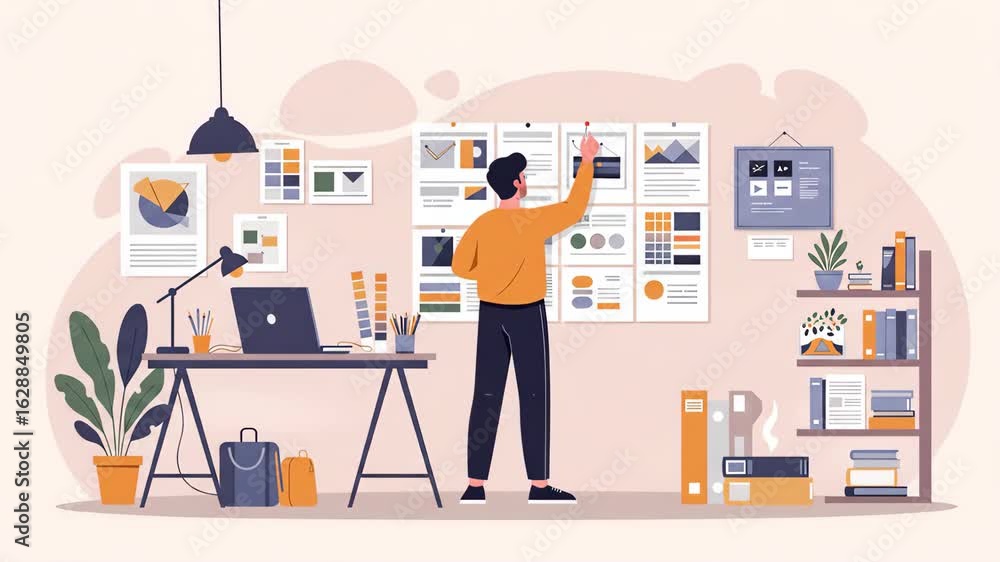 Poster flat vector a creative professional is planning a design project in a modern workspace, using a boar