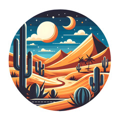 Desert landscape with sand dunes and a distant horizon, Retro Style 8k sticker, t-shirt print design, illustration design, digital art