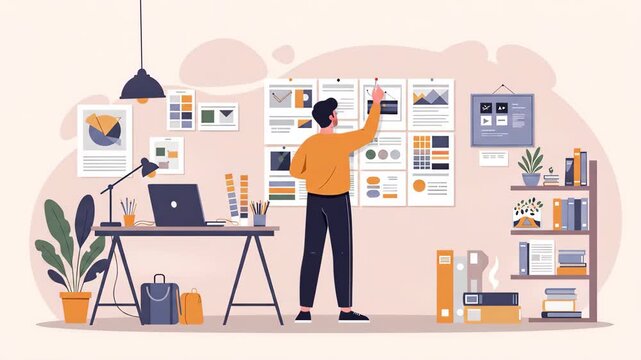 Flat vector a creative professional is planning a design project in a modern workspace, using a board to organize ideas and documents for effective communication and problemsolving in the office