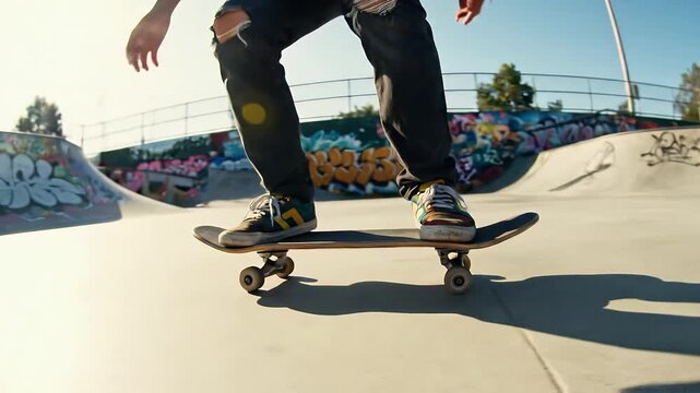 Skateboarder doing ollie trick at urban skate park in sunlight - Powered by Adobe