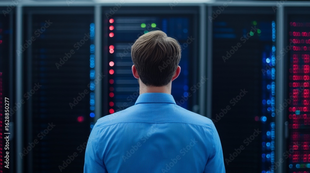 Poster man in data center aisle system monitoring concept, it , engineer