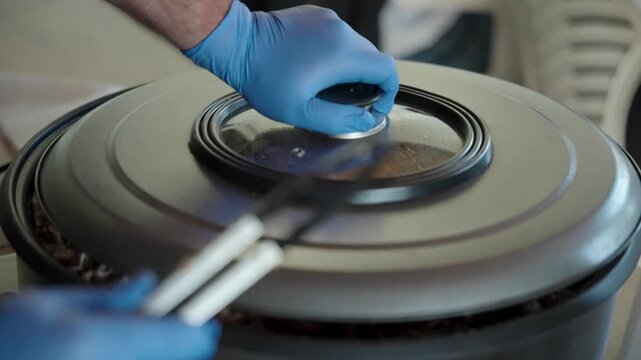 A close-up shot of a chef's gloved hands using tongs to stir and then cover a large, steaming pot of freshly cooked pulled pork or shawarma meat with a lid