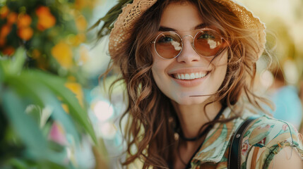 Bohemian Beauty: Smiling woman with curly hair, straw hat, and round glasses enjoying a sunny day.
