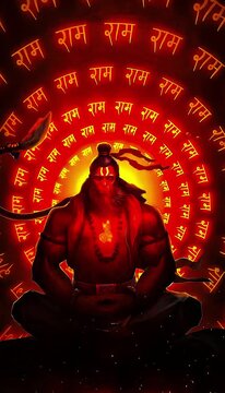 Hindu deity Hanuman meditating with glowing 'Ram' chant, embodying spiritual devotion and power. Religious art, divine enlightenment, sacred India, Lord, lotus position. God in devotion. Mahabharata
