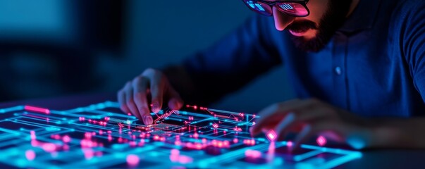 Neon Blueprint Engineer Tracing Futuristic Circuit Board Design, technology , engineering