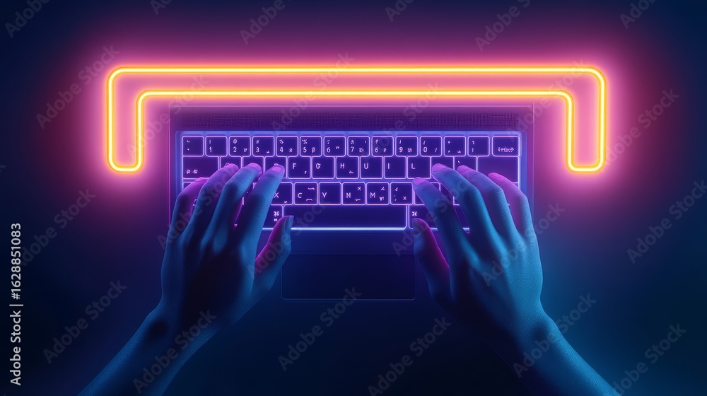 Poster neon laptop typing futuristic hands on backlit keyboard, tech , coding