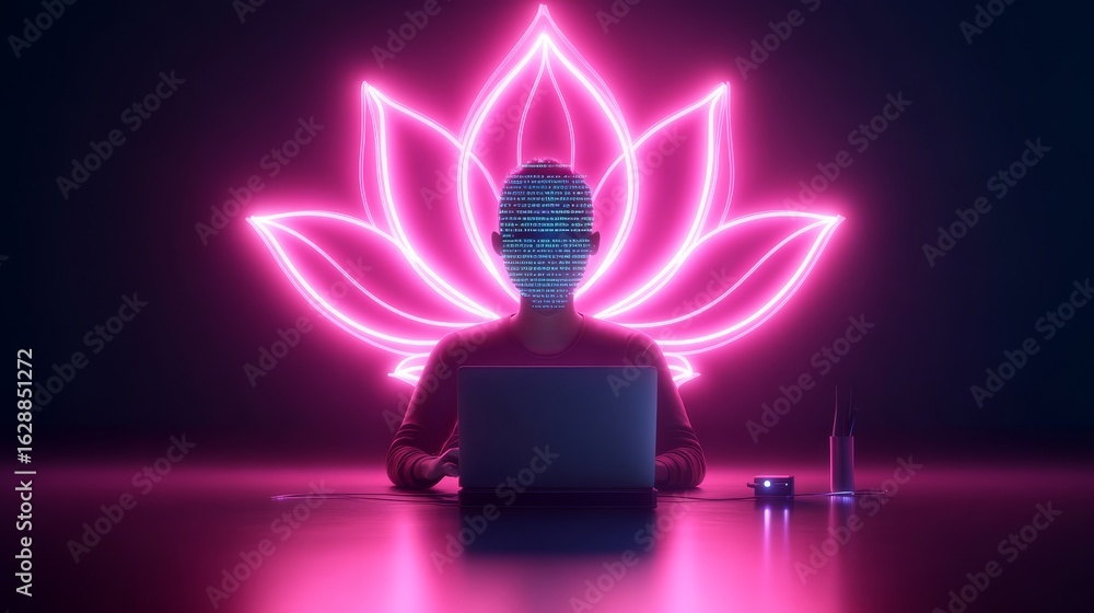 Poster neon lotus coder faceless figure at laptop with glowing flower backdrop, programmer, ai art