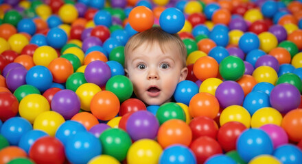 Baby in a ball pit looking surprised surrounded by colorful plastic balls at an indoor playground area