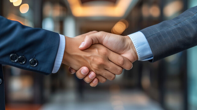Business handshake symbolizes agreement and partnership, sealed with a formal gesture of collaboration.