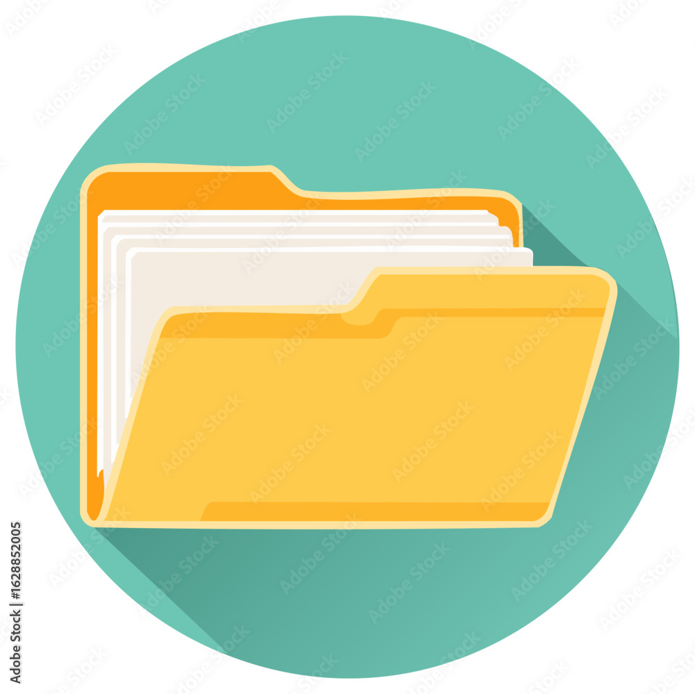 Poster yellow folder icon filled with white documents on teal background for data management, files and org