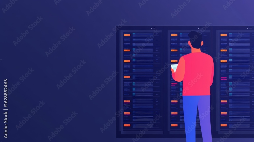 Poster server room data analysis man with tablet examining info panels, data , server