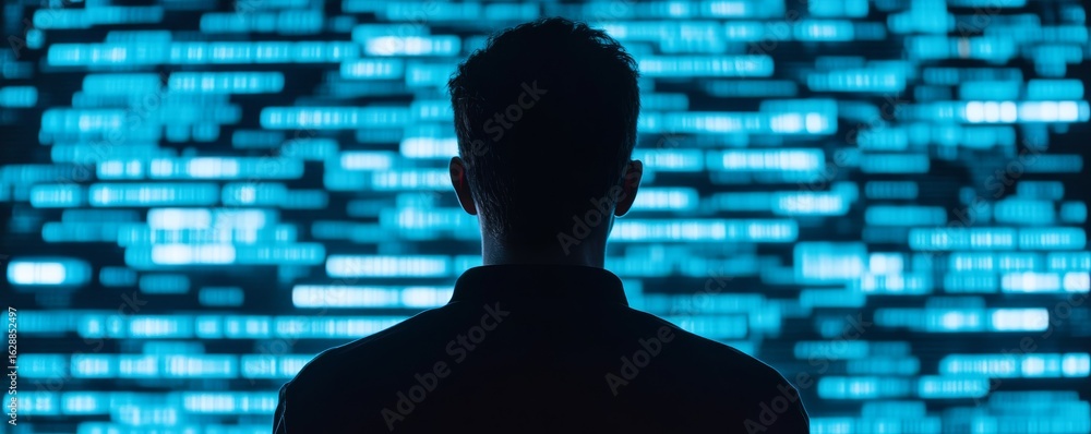 Poster silhouette stares at glowing data streams, technology ,coding