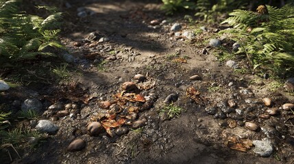 Obraz premium Serene forest pathway with sunlight peeking through trees, revealing ferns and rocks.