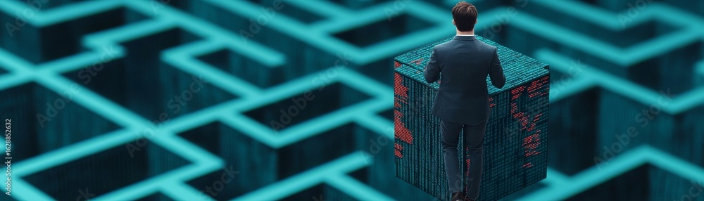 Poster solving data man in suit at code cube in maze, innovation, technology