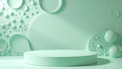 ペールミントグリーンの柔らかな曲線ステージと浮き彫り泡模様の壁が魅せるエレガントな抽象空間

