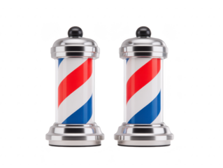 Barber poles with red, white, and blue stripes stand side by side, showcasing classic design associated with barbershops. These iconic symbols evoke sense of nostalgia and tradition in grooming